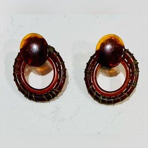 Vintage 1940s Catalin Amber Door Knocker Earrings w/ Brass Wrap Clip-On